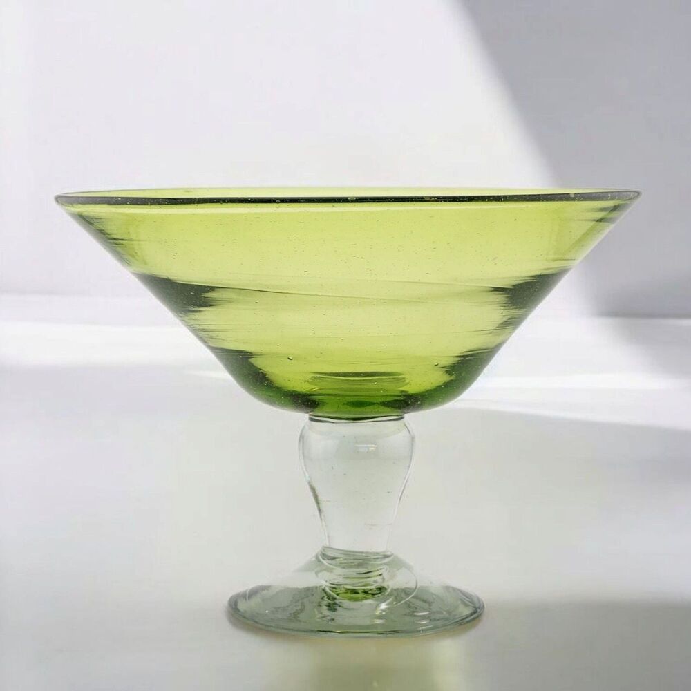 Vintage Mexican Hand Blown Olive Green Clear Pedestal Art Glass Serving Bowl